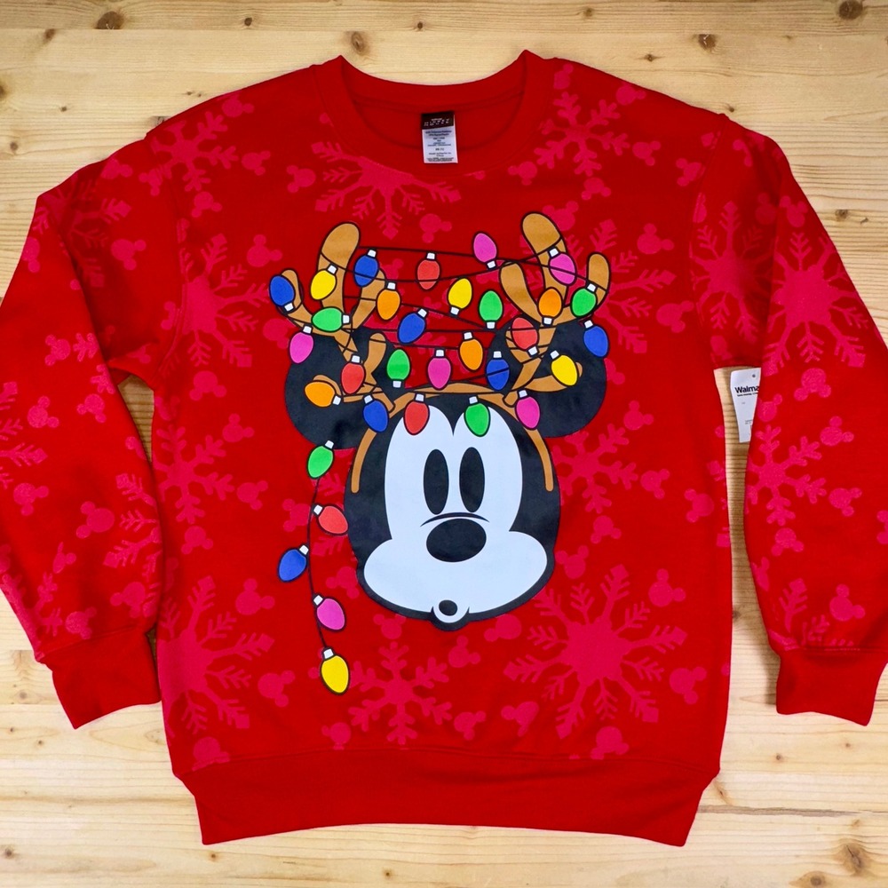 Disney Mickey Mouse Christmas Sweatshirt XS Red Holiday Lights Ugly Sweater
